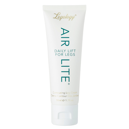 An image of a white tube of cream. It has green text reading "Air Lite Daily Lift For Legs" and a gold logo reading "Legology".